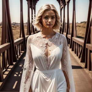 A beautiful chic women, subtle makeup, platinum blonde hair, confident pose, realism and full body,photorealistic, ,Extremely Realistic,(PnMakeEnh),
masterpiece, high quality realistic, aesthetic photo, pore and detailed, intricate detailed, graceful and beautiful textures, RAW photo, 16K, change location everytime and change dresses red, standingon bridge