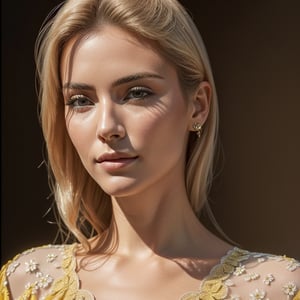 A beautiful chic women wearing yellow dress, subtle makeup, platinum blonde hair, confident pose, realism and full body, photorealistic, ,Extremely Realistic,(PnMakeEnh),
masterpiece, high quality realistic, aesthetic photo, pore and detailed, intricate detailed, graceful and beautiful textures, RAW photo, 16K,Technology