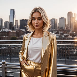 a beautiful chic women wearing chic attire, subtle makeup, platinum blonde hair, confident pose, with a cityscape background during golden hour,realism