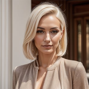 a beautiful chic women wearing chic attire, subtle makeup, platinum blonde hair, confident pose, realism