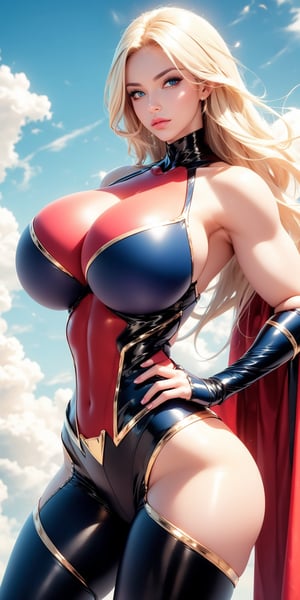 Huge tits
Superhero, cloudy sky background, (skintight clothing), muscular arms, hands on hips, thick thighs, (perfect eyes)