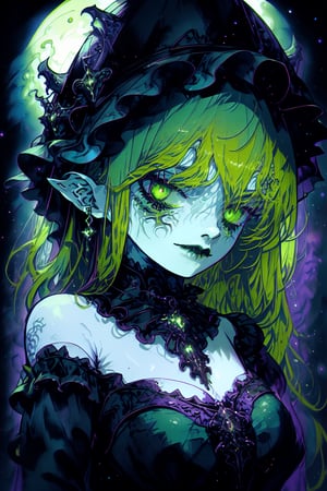 (masterpiece, best quality, highres:1.3), ultra resolution image, (1girl), female, (solo), green hair, eyes glinting, eerie charm, gothic, (spectral chic:1.4), cryptic, labyrinthine cemetery, gothic arches, elegance, (necropolis:1.5),glitter, ohterworldly energy, green wisps, undead maiden, moonlit paradise, (mystic tranquility:1.3), realm of the decease, chaosmix
