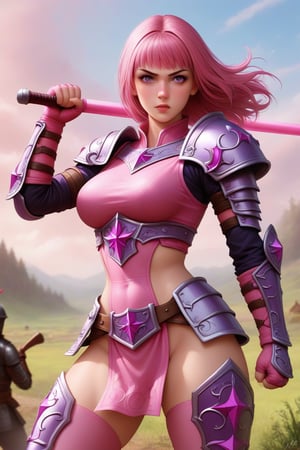 image in violet and pink tones, a warrior woman wearing only sexy armor, fighting in a countryside