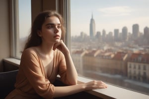 image in warm tones of a young beautiful woman sitting in a cafe, next to a window contemplating the city. seen elegant, sensual, and revealing clothes