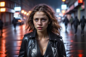 young woman walking sensually down the street in the rain, tries to seduce the viewer with her indifference,photo r3al,More Reasonable Details