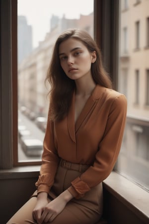 image in warm tones of a young beautiful woman sitting in a cafe next to a window from where she contemplates the city. seen sensual, revealing and classy clothes