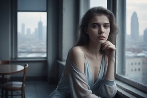 image in cold tones of a young beautiful woman sitting in a cafe, next to a window contemplating the city. seen elegant, sensual, and revealing clothes