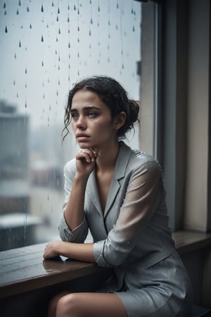 image in cold tones of a young beautiful woman sitting in a cafe, next to a window contemplating the rain over the city. seen elegant, sensual, and revealing clothes