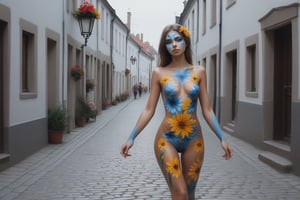 
very young woman, with body paint, elegant and revealing flowers, walks sensually during the day through the cobbled streets of a town,xxmix_girl