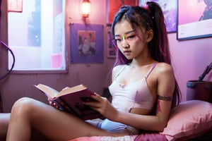 cyberpunk image in violet, pink and red tones, a Asian girl reading in her room