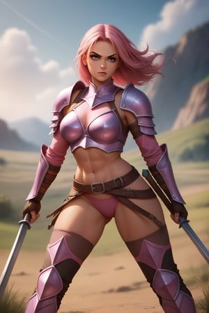 image in violet and pink tones, a warrior woman wearing only sexy armor, fighting in a countryside,score_9