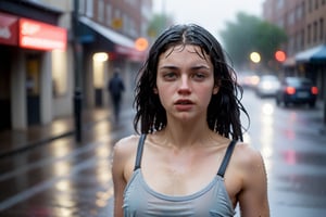 young woman walking sensually down the street in the rain, tries to seduce the viewer with her indifference