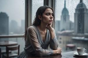 image in cold tones of a young beautiful woman sitting in a cafe, next to a window contemplating the rain over the city. seen elegant, sensual, and revealing clothes