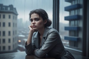 image in cold tones of a young beautiful woman sitting in a cafe, next to a window contemplating the rain over the city. seen elegant, sensual, and revealing clothes
