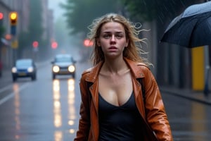 young woman walking sensually down the street in the rain, tries to seduce the viewer with her indifference,photo r3al,More Reasonable Details