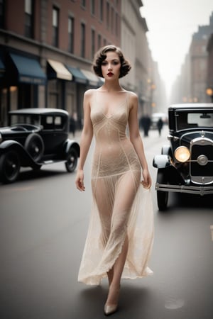 A very young and beautiful woman with an attractive figure walking down a city street in the 1920s. She is wearing provocative, sensual clothing, such as a sheer dress with transparent elements or a very short, revealing outfit. The dress features delicate lace and intricate details, accentuating her elegance and allure. The city street is bustling with vintage cars, streetlights, and people in period attire. The overall atmosphere is a blend of sophistication and bold fashion, capturing the essence of the roaring twenties.