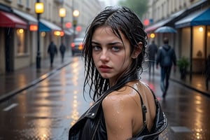 young woman walking sensually down the street in the rain, tries to seduce the viewer with her indifference,photo r3al,More Reasonable Details