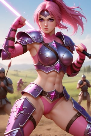 image in violet and pink tones, a warrior woman wearing only sexy armor, fighting in a countryside