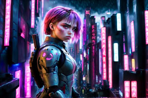 image with red lighting, violet shadows and pink lights, a very young warrior woman watches the city from the top of the buildings, it is dark and it is raining.