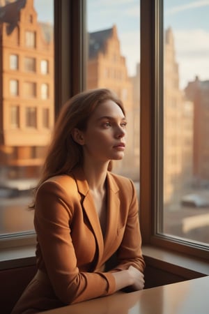image in warm tones of a beautiful and sexy woman sitting in a cafe next to a window from where she contemplates the city