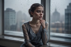 image in cold tones of a young beautiful woman sitting in a cafe, next to a window contemplating the rain over the city. seen elegant, sensual, and revealing clothes