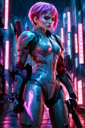 image with red lighting, violet shadows and pink lights, a very young warrior woman, wearing only a small, sexy and revealing armor, watches the city from the top of the buildings, it is dark and it is raining.