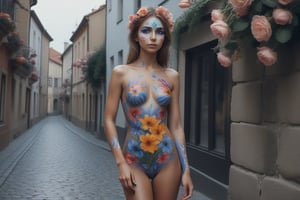 
very young woman, with body paint, elegant and revealing flowers, walks sensually during the day through the cobbled streets of a town,xxmix_girl