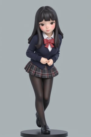 3d rendering, pvc figure, basic base, 1girl, solo, pantyhose, skirt, long hair, loafers, shoes, simple background, school uniform, brown eyes, plaid, black pantyhose, plaid skirt, looking at viewer, black hair, pantyhose pull, full body, clothes pull, black footwear, pleated skirt, leaning forward, bangs, long sleeves, bent over, cardigan, bow, bowtie, standing, closed mouth, pulled by self, grey background, blush, miniskirt, red bow, sweater, undressing,