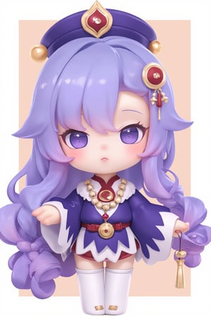 best quality, masterpiece:1.2),qiqi \(genshin impact\),chibi,lonely,(full_body:1.3),bead necklace,qing guanmao,jewelry,thighhighs,coin hair ornament,hat,purple hair,braid,hair ornament,ofuda,long hair,white thighhighs,purple headwear,long sleeves,(looking_at_viewer:1.2),(close-up:1.2),(face:1.2),simple background,