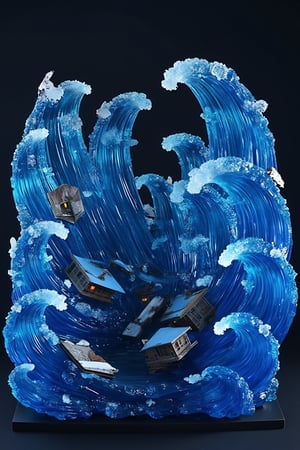 Masterpiece, professional, Top Quality, High Definition, high detail, perfect detail,A stunning display of large, dynamic blue waves crashing into each other, crafted in translucent resin that captures the fluidity and energy of the ocean. Several pieces of architecture, either lying on the ground or suspended around the waves, appear to be caught up in an epic battle. The architectural fragments can be seen scattered throughout the scene, adding to the sense of movement and chaos. The waves curve in dramatic arcs, creating a sense of grandeur and power. The color of the waves shifts from deep blue to transparent shades, becoming lighter at the edges, mimicking the frothy nature of real ocean waves. The contrast between the vibrant blue and the dark background highlights the complexity of the sculpture.