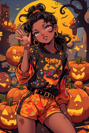 score_9, score_8_up, score_7_up, source_anime, (perfect anatomy:1.4), beautiful skin, ,//characters, 1girl, dark skinned female, solo, black hair, long hair, wavy hair, ponytail, blue eyes, pumpkin tops, pumpkin Shorts, ,//situations, HALLOWEEN2024 ,//Pose cute pose, dutch angle, ,/LoRA, beautiful_female_fingers, (4_fingers and 1thumb on hand), (perfect hand), (beautiful hands), perfect anatomy,