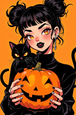 American comic book style digital illustration of a Halloween witch, vibrant colors with strong contrasts. Young woman with jet black hair styled in two messy buns, sharp bangs across forehead. Large, expressive eyes with bright orange irises, bold black eyeliner. Pale skin with a slight blush, small nose, and full lips with dark lipstick. Character wearing all black: high-necked sweater or top. Multiple ear piercings with small, silver earrings. Long, slender fingers with black nail polish, wrapped around a large, bright orange jack-o'-lantern pumpkin. Pumpkin features a classic carved face with triangular eyes and a wide, toothy grin. A sleek black cat with glowing orange eyes perched on the witch's shoulder, tail curling around her neck. Cat has pointed ears and a slightly annoyed expression. Background is a solid, warm orange color, creating a stark contrast with the predominantly black elements of the witch and her familiar. Art style: - Bold, black outlines around all figures and major elements - Flat color fills with strategic shading for depth and volume - Exaggerated facial features, especially the eyes - High contrast lighting with dramatic shadows - Simplified yet impactful details - Dynamic composition with slight angle to create visual interest Overall mood: Edgy, modern take on classic Halloween imagery with a touch of attitude and mystique. Blend of cute and slightly sinister elements.