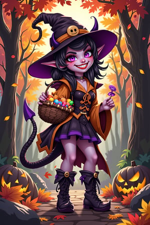 Stunning painting illustration by ZloyOrk. Demonic Trickster: A playful demoness with small horns and a mischievous grin, dressed in a Halloween-themed outfit, complete with a tail. She holds a basket of trick candies and prepares a prank for unsuspecting passersby. The backdrop includes a park filled with spooky trees and colorful autumn leaves.,Fantasy Regal Artgem