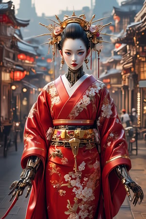 Masterpiece, Ultra High Resolution, 16k, HDR, Photorealistic: A sexy, highly detailed cyborg (((geisha))) with a high-gloss finish. The geisha has a glossy white plastic face and body, perfectly blending human beauty with robotic precisioncyborg arm and leg, (mechanical arms, mechanical legs, cyborg, mechanical neck, prosthesis, her body is seamlessly integrated with advanced, mechanical enhancements—metallic limbs, exposed circuitry, and glowing, high-tech). Her red kimono has floral pattern, the Obi is black and gold. She stands in a cyberpunk Gion in Kyoto city in the background. The scene captures the elegance of a beautiful woman with android features, combining traditional Japanese aesthetics with advanced technology.Gorgeous, beautiful, multicolored hair, blue eyes, excentic, Ben Bauchau, Michael Garmash, Daniel F Gerhartz, Clint Cearley, Carne Griffiths, Jean Baptiste Monge, strybk style, warm dreamy lighting, matte background, volumetric lighting, pulp adventure style, fluid acrylic, dynamic gradients, bold color, illustration, highly detailed, simple, smooth and clean vector curves, vector art, smooth, johan grenier, character design, 3d shadowing, fanbox, cinematic, ornate motifs, elegant organic framing, hyperrealism, posterized, masterpiece collection, bright lush colors, TXAA, penumbra, alcohol paint, wet gouache, ultrarealistic, film grain, surreal, moody, ethereal fantasy, amazing depth, cinematic film still, sharp focus, (James Christensen),bohemian,Boho gypsy, Gustav Klimt, (Anne Bachelier:1.2), (Lillian Bassman, Erwin Blumenfeld),shabby chic,, 1920s retrofuturism, industrial, art deco, coherent, (Dieselpunk:1.3)sparkles,in the style of vargas