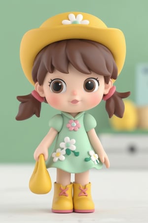 3d rendering,pvc figure, basic base,3D animated , a 3D animated character, a young girl with brown hair tied in pigtails She wears a light green dress adorned with white and pink flowers, a yellow hat with a floral design, and yellow boots with pink laces The character is holding a small yellow bag in her right hand