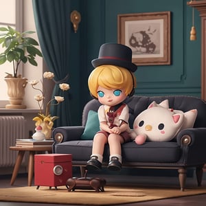 blindbox, 1boy, solo, blonde hair, short hair, hat, shoes,sitting on couch, 4k, highly detailed, uhd image, intricate details, detailed scene background, detailed, 8k, amazing art, colorful