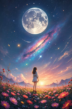 Masterpiece, Professional, Top Quality, High Resolution, High Detail, Perfect Detail, Extremely Detailed, (bottom view), girl standing in a flower field looking up (full moon), (shooting stars), (nebula), sakura, (warm light source:), (Firefly), intricate details, volumetric lighting, (masterpiece), (best quality), 4k, ultra-detailed, (dynamic composition), highly detailed, colorful details, (rainbow colors), (glowing lighting, atmospheric lighting), dreamy, magical,