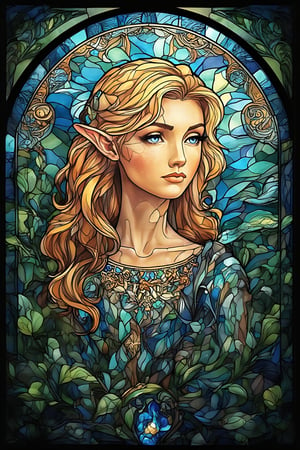 Create a stunning piece of stained glass art featuring a beautiful female elf with long, flowing blonde hair and striking ocean blue eyes. Her facial features are elegant and refined, with high cheekbones, a slender nose, and a serene expression. The glass should be brightly colored, with intricate patterns around her head, reminiscent of nature or elf symbols. Include natural light, gently filtering through the stained glass, creating a magical and serene atmosphere. The design should focus on her beauty and grace, combining classic stained glass art with elf fantasy elements,Glass