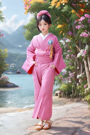 woman. beautiful detailed face, black hair, pale skin, light skin, realistic skin, detailed fabric texture, detailed hair texture, perfect proportions, accurate, anatomically correct, highly detailed skin and face texture, modern, realistic, perfect face, hyperrealistic, hyperrealistic, high quality. girl in kimono, high bun with brooch. full body. pink pants, geta sandals, beautiful hands anatomical, anatomically correct foot anatomical hand, only two hands
