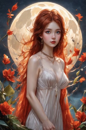 (1girl,full body , medium shot, gracefully, golden petals and red flowers form intricate patterns against the backdrop of the moon, reminiscent of the styles of Yoann Lossel, Cyril Rolando, Nan Goldin, Lee Bontecou, and Loish), Detailed texture, High quality, High resolution, High precision, Realism, Color correction, Proper lighting settings, Harmonious composition, Behance Works,detail-rendering,Watercolor,Realistic Enhance,redhead