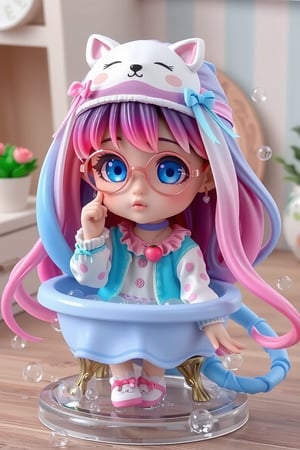 3d rendering,figure resin, basic base ,(masterpiece, best quality),3D figure,Cute anime-style chibi figure, a girl with long flowing colorful Candy hair, Big expressive blue eyes behind pink round glasses. Wearing a white polka dot dress with pink and blue dots, pink trim and a teal blue underskirt. Teal blue cardigan sweater, white and pink animal shaped eye mask on head with eyes closed, small bone decoration and blue ribbon. Pink ribbon in hair,Pink cherry shaped pendant necklace. White rabbit shaped slippers,Posed with one hand raised close to face. Bright expression, figure is immersed in a miniature bathtub full of bubbles,sit down, Very well-made plastic figure on a clear stand. Soft pastel color palette. Professional product photography lighting and setup. ,lyh,dal,create figure 2,