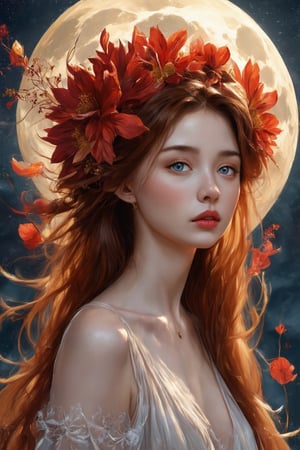 (1girl, face focus, medium shot, gracefully, golden petals and red flowers form intricate patterns against the backdrop of the moon, reminiscent of the styles of Yoann Lossel, Cyril Rolando, Nan Goldin, Lee Bontecou, and Loish), Detailed texture, High quality, High resolution, High precision, Realism, Color correction, Proper lighting settings, Harmonious composition, Behance Works,detail-rendering,Watercolor,Realistic Enhance,redhead