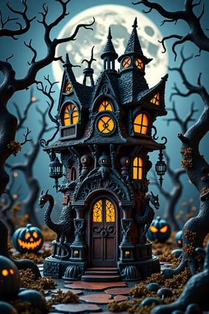 A Tim Burton-style shot of a creepy, gothic Halloween decoration. The decoration features twisted, eerie figures and dark, intricate patterns. The background is a surreal, eerie landscape with twisted trees and a full moon. The lighting is dramatic, with strong contrasts between light and shadow. The composition is centered, focusing on the decoration's mysterious and unsettling details. The scene is filled with a sense of foreboding and whimsy, typical of Tim Burton's style.