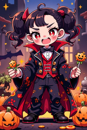 ((Chibi character)), vampire, masterpiece, highly detailed, 16K, HD, vibrant color, halloween_costume, cute_fang, chibi, detailed_background, funny, smile, twintails, trick or treat