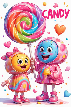 A playful, humanoid lollipop with a round, colorful head, big expressive eyes, and a sweet smile. The lollipop character is accompanied by a humanoid candy figure, both in vibrant, glossy colors. The candy figure has a shiny wrapper forming its body, and they stand together in a joyful pose, radiating a sense of sweetness and fun. Above them, a bright and playful logo that reads 'CANDY' is displayed in a bold, candy-themed font, enhancing the sugary atmosphere of the scene