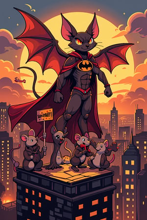 A bat wearing a superhero cape, perched on a city skyline at sunset, ready to swoop down to save a some mouse of playful. The bat strikes a heroic pose, with a comical expression, while the mice cheer him on, holding tiny banners that say “SUPERBAT!”,funny animals