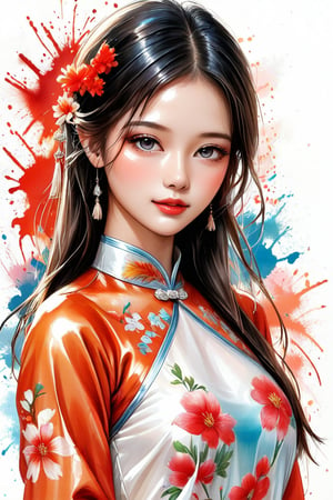 A very beautiful girl, looking at viewer, full body, wearing AO DAI viet nam, detailed face, beautiful eyes, white background, ink brushstrokes in background mastepiece quality, stunning image, looking at viewer, anime girl, colorful, Ink art style.
