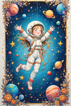 A scene in which a girl wears a space suit and floats among the stars against a simple outer space background. She happily spreads her arms and looks up at the planets around her. The frame is decorated with motifs of constellations and planets, expressing the mystery of the universe. ,acryli painting,colored pencil drawing,Anime style,ink style,Color