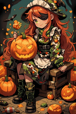 sitting, light smile, witch, Woman dressed in a spooky Halloween costume, holding a carved pumpkin, surrounded by pumpkin, score_9, score_8_up, score_7_up, score_6_up, rating_explicit, masterpiece, best quality, beautiful lighting, 1girl, solo, cz2128_delta \(overlord\), long hair, orange hair, green eyes, eyepatch, maid, dress, maid headdress, camouflage, green scarf, gloves, boots, (holding colorful candy lollipop:1.3), looking at viewer, upper body, dutch angle,