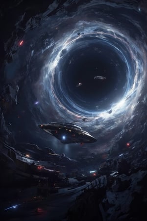 Masterpiece, professional, Top Quality, High Definition, high detail, perfect detail,ultrarealistic ufo starship fleet entering realistic black hole vortex8k resolution,sharp focus,